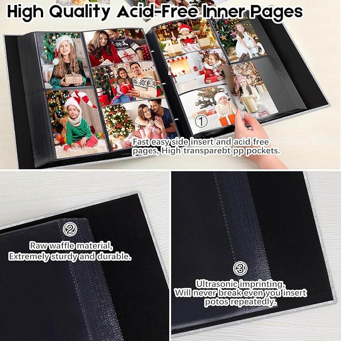 Aevdor Large Capacity 4x6 Photo Album, 1000 Photos, Linen Cover, Grey | Black Inner Pages, 3 Horizontal and 2 Vertical Pockets per Side, Front Photo Window, Family, Wedding & Travel Memories - Image 8