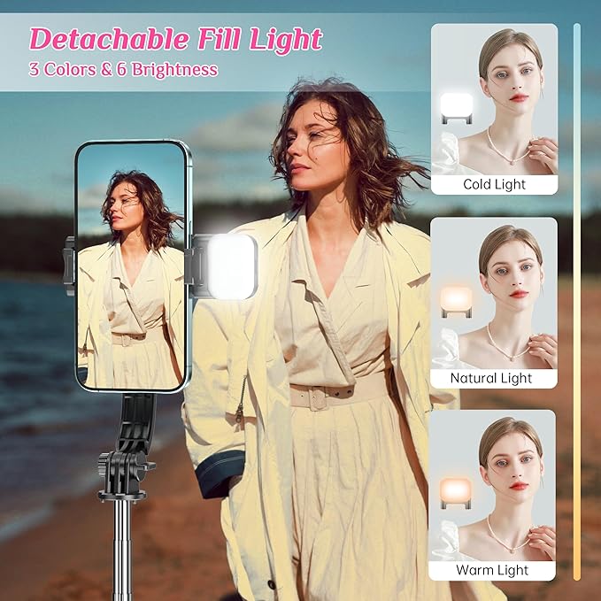 Selfie Stick Tripod with Fill Light, All in One Extendable Selfie Stick with Detachable Wireless Remote, Flexible Phone Tripod Stand Compatible with iPhone/Galaxy, Compact Size & Lightweight - Image 2