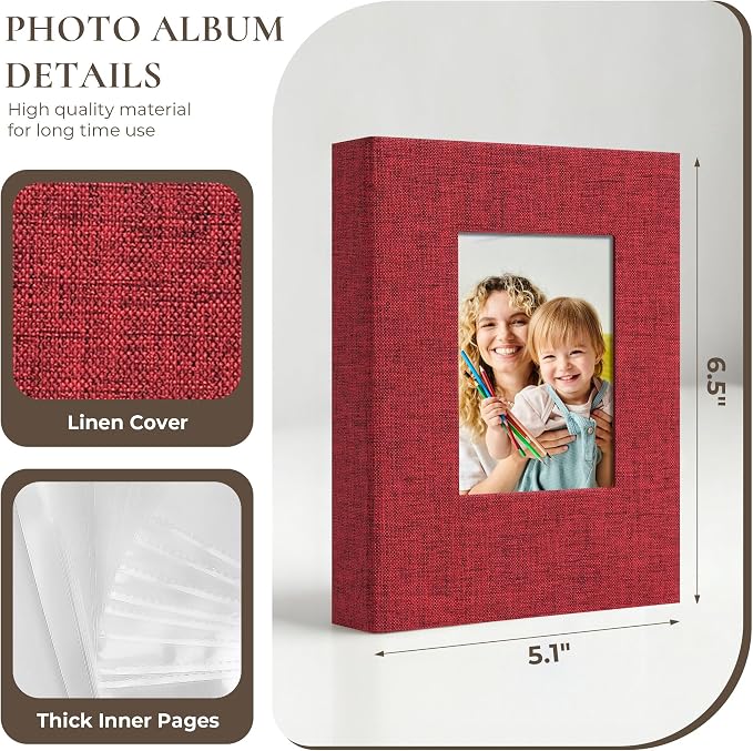 Vienrose Small Photo Album 4x6 Photos, 2 Pack Linen Cover Mini Photo Book, 26-Page Holds 52 Pictures, Baby Memory Book & Gift, Lightweight Brag Book for Photos, Artwork & Postcards Storage, Red - Image 4