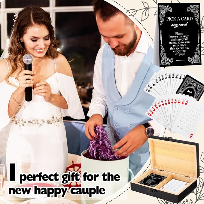 AceOrbit 57 Pack Black Wedding Guest Book Playing Cards Set with Wooden Box | Wedding Signing Guestbook Alternative Personalized Blank Deck of Cards for Guest Reception Modern Vegas Bridal Shower Games - Image 6