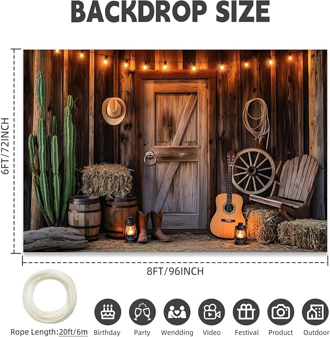 Western Cowboy Backdrop 8×6ft,WildWest Rustic Barn Rodeo Photography Banner - Image 2