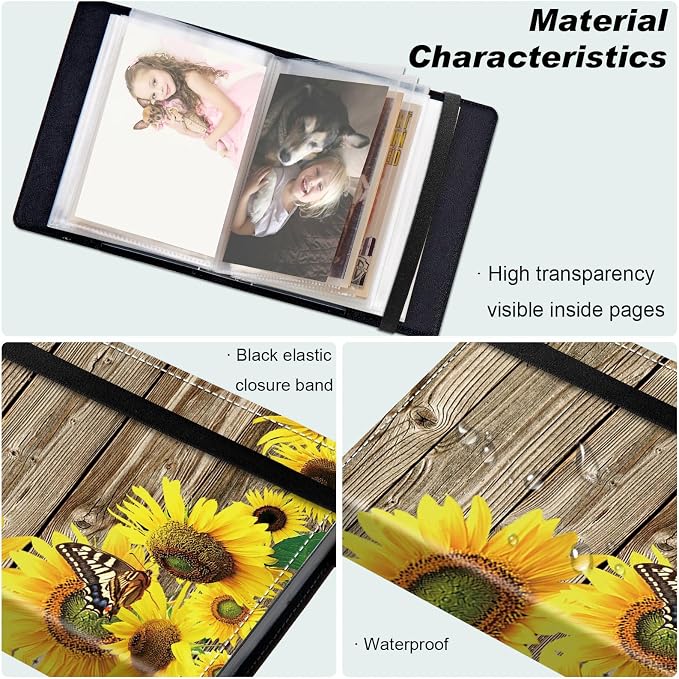 Small Photo Album 5x7, 60 Pockets Holds 120 Photos, Slip-in Pocket Photo Album with Black Elastic Band for Family Wedding Baby Travel Pictures, Sunflower In Wooden - Image 5