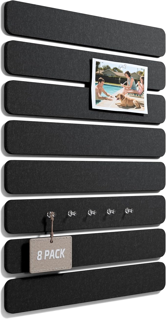 Fluxynara 13" x 2" Felt Wall Panels, Black | 8-Pack Includes 50 Push Pins and Adhesive Tabs for Photos, Notes and Decor in Bedroom Doors, Home Office or Studios by FLUXYNARA