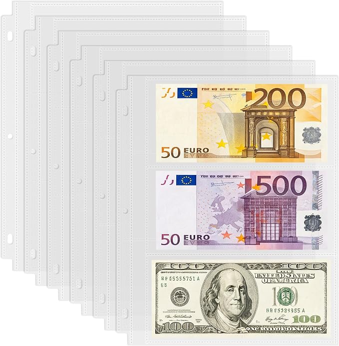 50 Pack （7.6x3.6inch ） 3 Pockets Currency Sleeves for 3 Ring Binder | Currency Collection Sleeves, Cash Collecting Album Refill Page, for Collecting Dollar Bills, Paper Money,and Coupons by Unknown