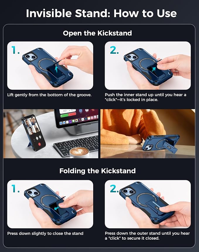 Goton 3 in 1 for iPhone 14 Case with Privacy Screen Protector Blue | Glass Camera Lens Protector,Compatible for MagSafe,Invisible Kickstand, Shockproof Phone Cover for iPhone14 - Image 8