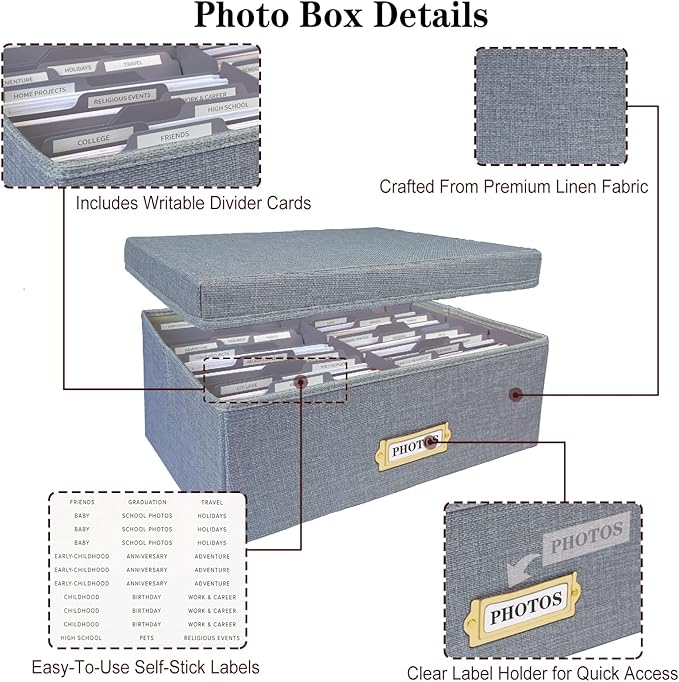 Linen Photo Storage Box – Holds 1700 Photos, Photo Organizer with Lid for Photo, Pictures, 24 Adjustable Dividers & 72 Labels Multi-Use Organizer Memory Box for Envelopes, Baby, Wedding, Cards Grey - Image 4