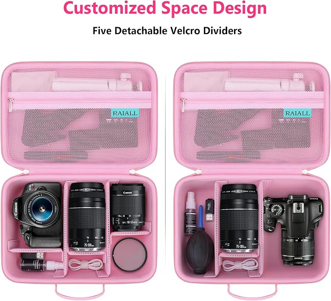 RAIALL Case for Canon EOS Rebel T7/R50/R100/Sony/Nikon D7500 Camera, Pink | for R50V/R8/R10/RP/R7/R6 Mark II/R5 DSLR SLR, Lens, Tripod, Hard Protective Travel Bag with a Shoulder Strap and 5 Dividers - Image 4
