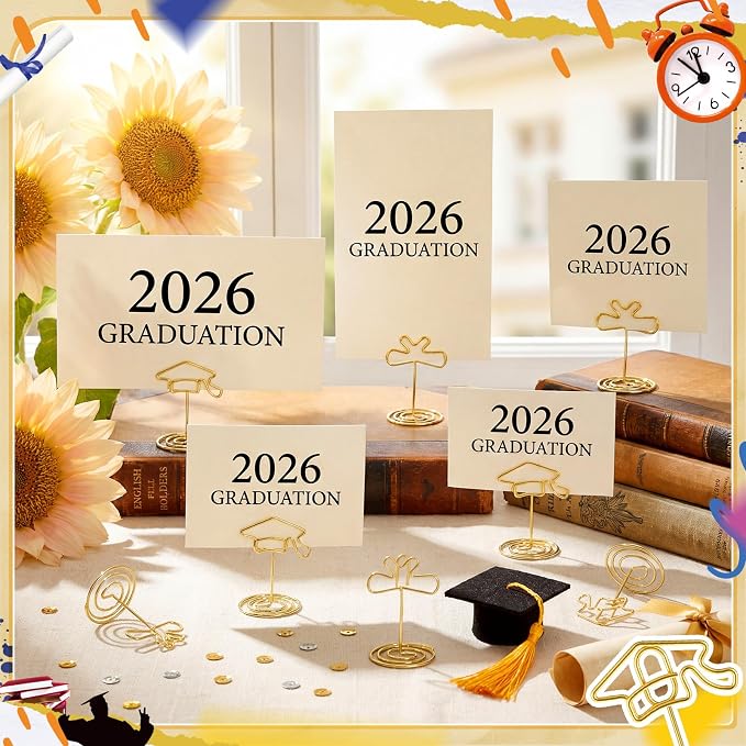 36 Pcs 2026 Graduation Gold Photo Holders for Table Centerpieces Metal Photo Holder Gold Picture Display Stands Menu Memo Clips for Graduation Party Table Decoration Supplies(Certificate, Cap) - Image 2