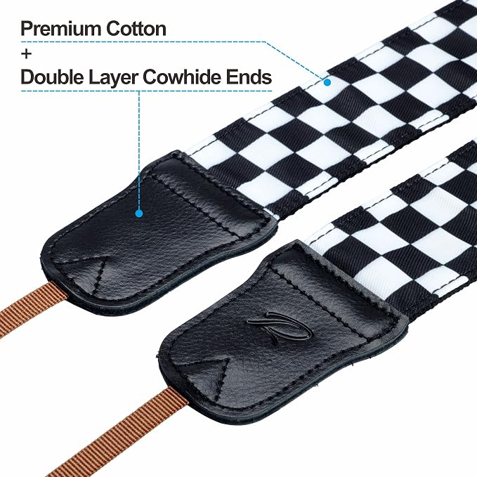 Padwa Lifestyle Black and White Plaid Camera Strap - 2" Wide Double Layer Cowhide Head,Cotton Camera Shoulder Straps,Grid Pattern Adjustable Camera Neck Strap for all Cameras,Gift for Photographers - Image 2