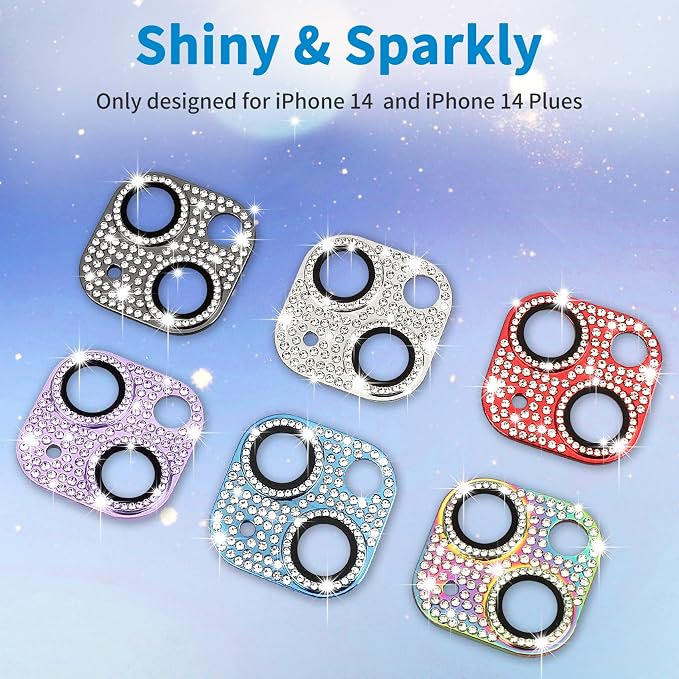 for iPhone 14 and iPhone 14 Plus Camera Lens Protector, Bling 3D Rhinestone Sparkle Diamond 9H Tempered Glass Camera Cover Anti Scratch Shockproof Lens Screen Full Protective Cover, Colorful - Image 6