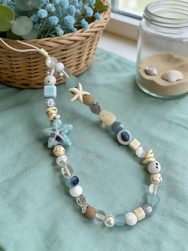2 Pcs Phone Charm Strap Hand Wrist Strap Camera Lanyard Pearl Beaded Cute Chain String Accessories Universal for iPhone 17 Pro Max 16 15 14 for Samsung Women Girls Keychain Summer Ocean Star and Shell - Image 7