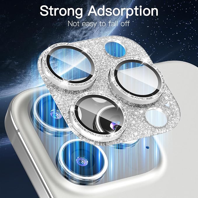 [2 Pack] Bling Camera Lens Screen Protector for iPhone 16 Pro/16 Pro Max with 9H Tempered Glass Aviation Aluminum Plate Cover Metal Ring,Night Circle,No Bubble,HD Clarity,Easy Installation-Glitter Silver - Image 2