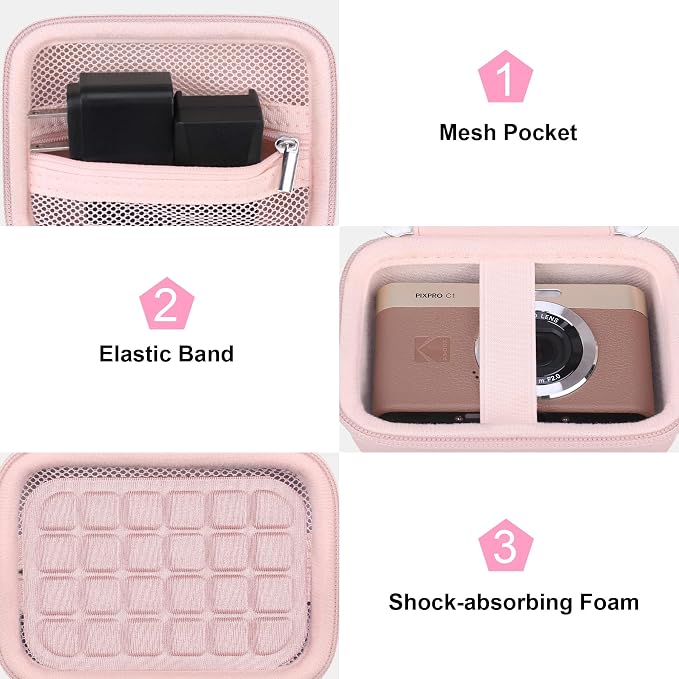 Canboc Carrying Case for KODAK PIXPRO C1 Friendly Zoom Digital Camera | For Canon PowerShot ELPH 360 HS A/ 360 HS/ 360/ IXY 650 Digital Camera, Mesh Pocket fit Cable, SD Card, Pink (Case Only) - Image 6