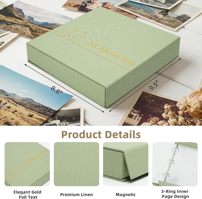 4x6 Photo Storage Box with 3-Ring Slip-In Binder Album, Linen Organizer with Gold Foil Cover, Holds 210 Photos for Travel, Wedding & Memory Keeping, Light Green - Image 3