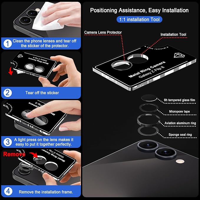 Meshine for Samsung Galaxy Z Flip 8 Camera Lens Protector,Scratch Proof,Strong Adsorption,9H Hardness with Metal Ring Camera Cover,Ultra Thin Case Friendly,Accessories Lens Protector,Black - Image 3