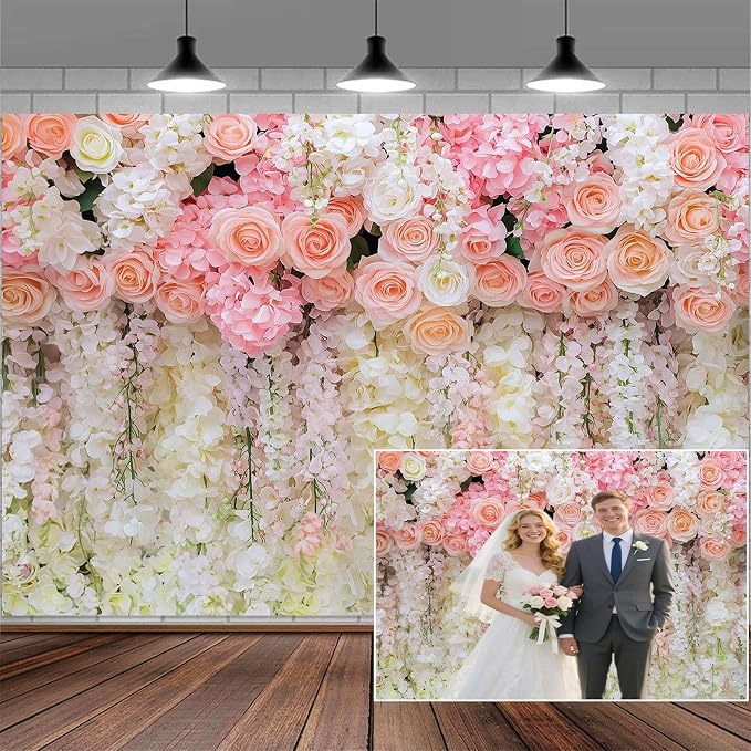 10x8ft Pink Rose Flower Wedding Photography Backdrop Spring Floral Photography Backdrop Valentine's Day Mother's Day Girl Birthday Baby Shower Wedding Bridal Party Banner Photo Booth Props Background by Mtsxfy