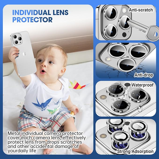 for iPhone 15 Pro/15 Pro Max Camera Lens Protector Cover, Silver | Individual Metal, 9H Hardness, Scratch Resistant, Shockproof, Drop Protection, Case Friendly, Stylish Accessories - Image 3