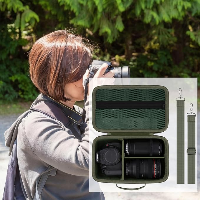 Hard Case for Canon EOS Rebel T7/T100/R50/R100 DSLR Camera with Lens | Fits for Canon T7/T100/R50/R100/R5/R6 V//R6 Mark II DSLR Camera and Lens, With Shoulder Strap, Protective Case, Army Green - Image 9