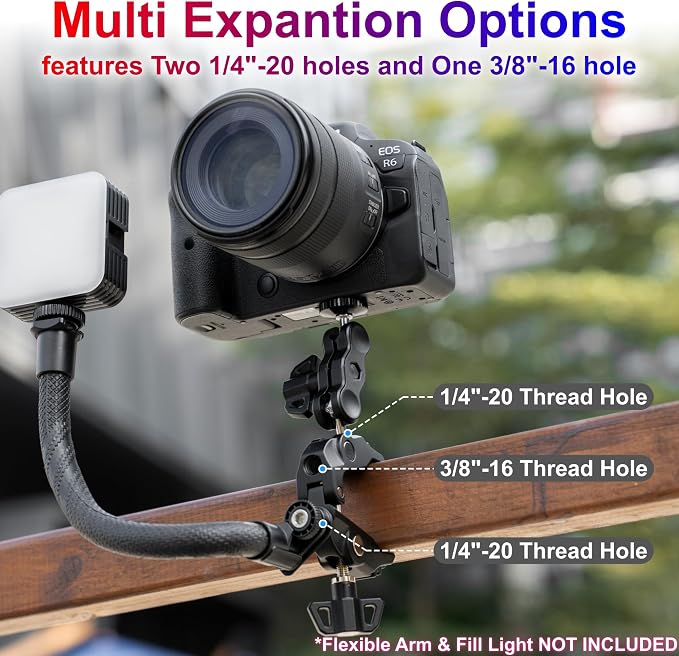 JJC DSLR Super Clamp Camera Mount,Dual Ball Head,w. 1/4"-20 3/8"-16 Thread | Aluminum Pole Mount for Monitor,with Action Camera Mount and Phone Clip,Universal Crab Clamp for Desk Tripod Tube Rod - Image 4