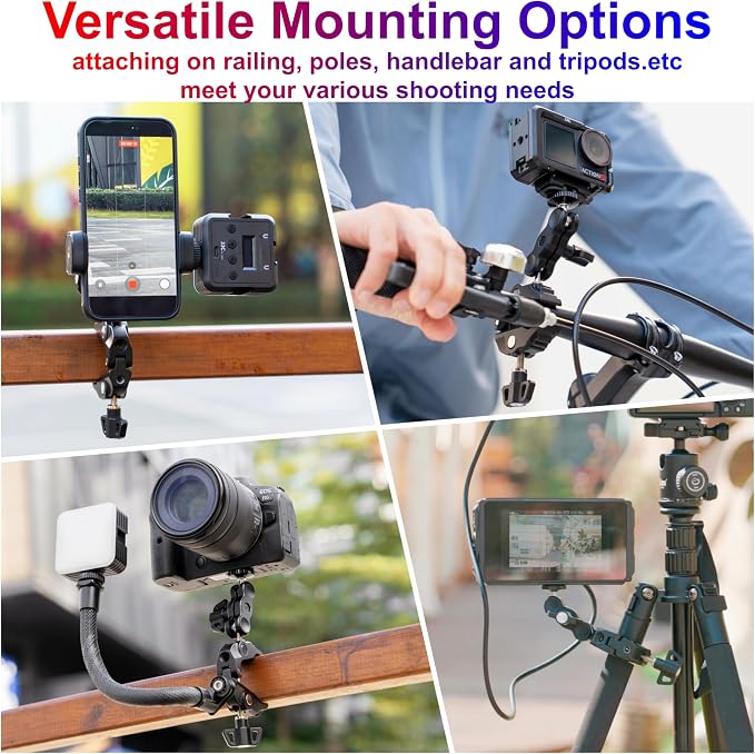JJC DSLR Super Clamp Camera Mount,Dual Ball Head,w. 1/4"-20 3/8"-16 Thread | Aluminum Pole Mount for Monitor,with Action Camera Mount and Phone Clip,Universal Crab Clamp for Desk Tripod Tube Rod - Image 5
