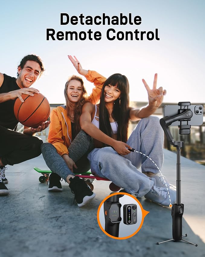 hohem iSteady V3 Gimbal Stabilizer for iPhone & Android with AI Tracker | iSteady 8.0, Detachable Remote, 8" Extension Rod, Tripod, Magnetic Fill Light, AI Tracking, 13H Battery for Vlogs, Black - Image 4