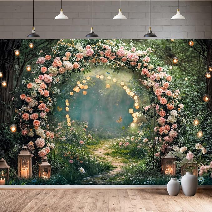 20x10ft Enchanted Forest Wedding Photography Backdrop Wonderland Roses Fairy Tale Backdrop Pink Flower Birthday Newborn Baby Shower Wedding Bridal Party Banner Photo Booth Props Anniversary Background - Image 7