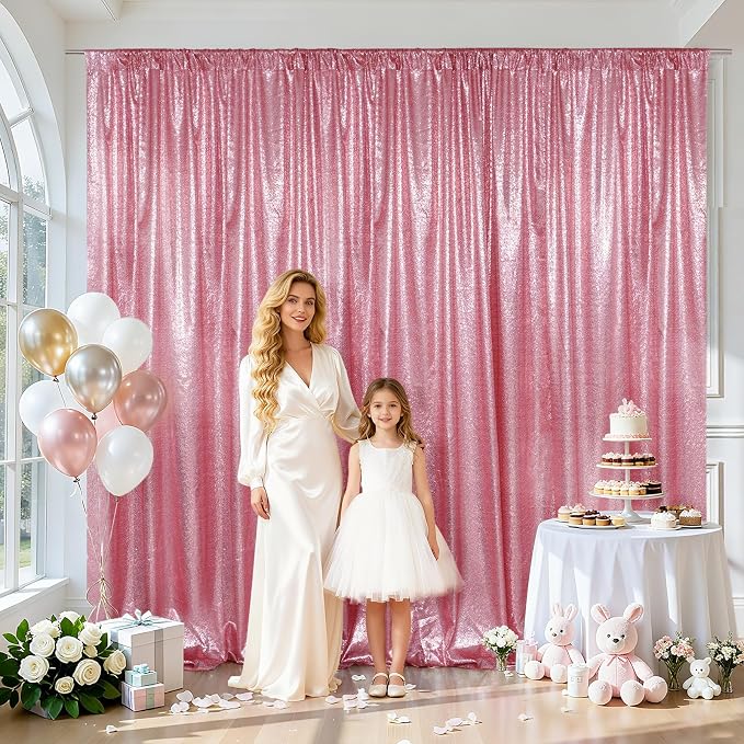 SquarePie 10x10ft Fuchsia Pink Sequin Backdrop, High Density Non-Transparent Glitter Curtain for Photography, Birthday, Wedding Party Decorations, Thick Solid Background with 4" Rod Pocket, 1 Panel - Image 2