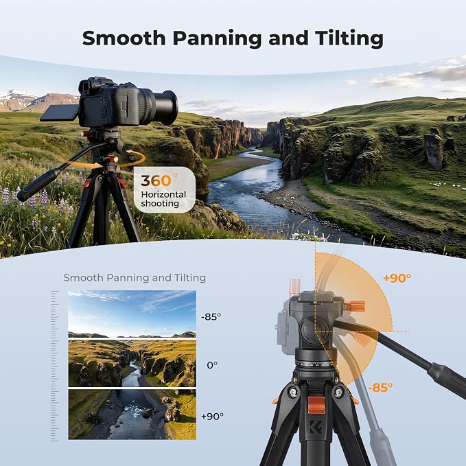 K&F CONCEPT 63" Camera Tripod with Fluid Head | Aluminum Travel Tripod, Smooth Pan/Tilt for DSLR/Mirrorless/Camcorder, Max Load 6.6lb, A305A1+FH-04 - Image 3