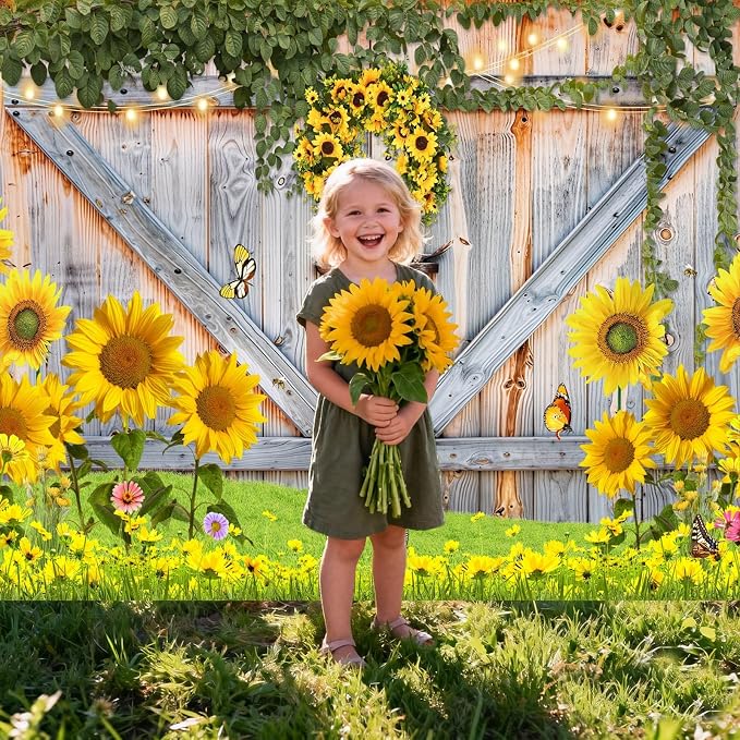 Sunflower Photo Backdrop for Photography, 7x5ft | Vinyl Wall Background for Photoshoot, Yellow Flower, Rustic Barn Wood Door, for Birthday Decorations, Outdoor Party - Image 4