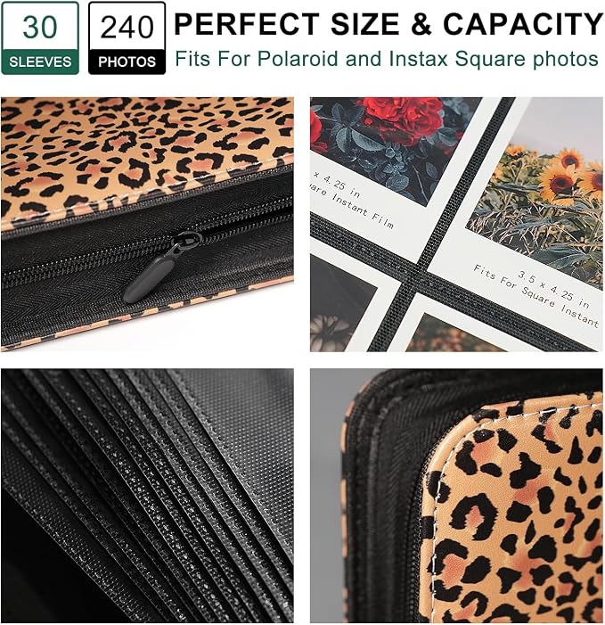 Large Polaroid Photo Album Binder, 240 Pockets. Leopard Print | Fits Polaroid i-Type, 600, SX-70 and Instax Wide 3.5x4.25 films. Acid-free pages protect photos for long-term storage. - Image 4