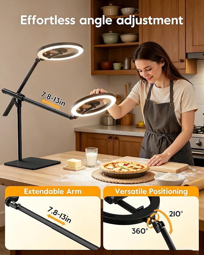 LUXSURE Ring Light with Stand for Desk,Adjustable Overhead Phone Mount with 10" Selfie Light Phone Tripod with Ring Light and Remote, Phone Stand with Light for Video Recording,Live Stream,Cooking - Image 3
