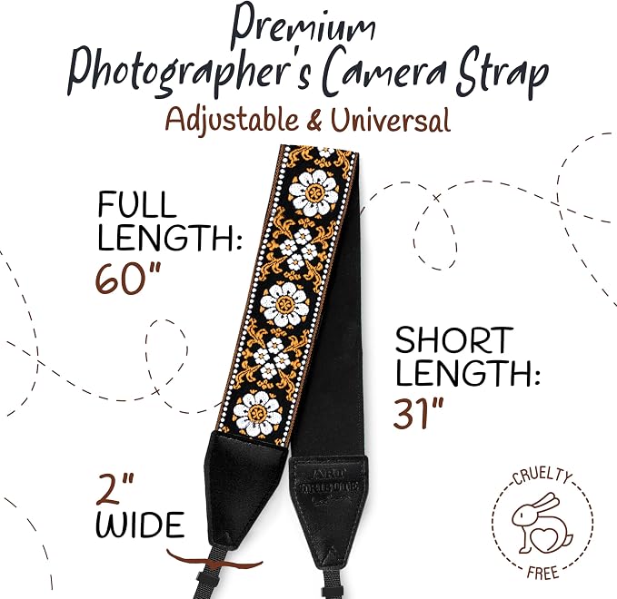 Art Tribute Camera Strap - Shoulder, Crossbody & Neck Camera Strap for Photographers, Fits All Cameras, Canon Nikon Sony Fujifilm, Padded Strap W/Quick Release, Embroidered Cotton & Leather Ends - Image 5