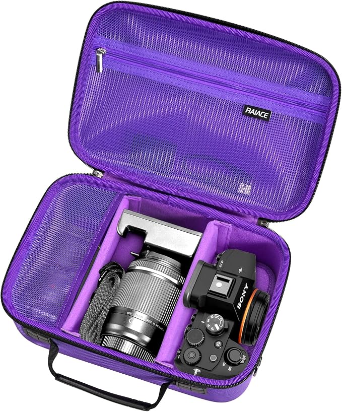 RAIACE Hard Case Compatible with Sony Alpha 7 II III IV/7R V Camera, for Nikon, for Canon, for Pentax and More.Large Capacity With Mesh Pocket for Lens, Charger, Cables, Cards and Accessories.-Purple - Image 8