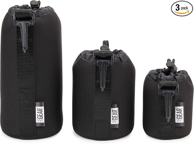 USA Gear FlexARMOR Protective Neoprene Lens Case Pouch Set 3-Pack - Small, Medium and Large Cases with Drawstring Opening, Attached Clip, Reinforced Belt Loop (Black) by USAGEAR