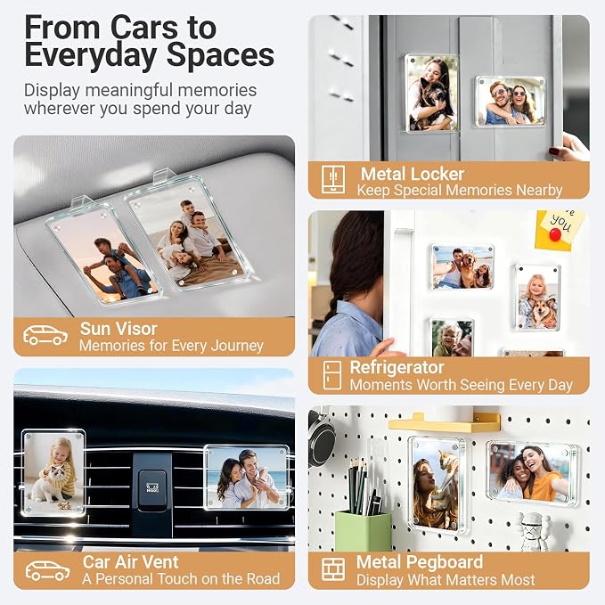 Car Picture Holder for Visor & Air Vent, 4 Pack | Clear magnetic acrylic frames fit Instax Mini, Polaroid Go & wallet-size photos for secure display and easy picture changes - Image 5