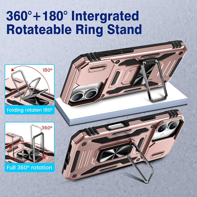 VEGO for iPhone 17 Case with Camera Cover & Privacy Screen Protector | Slide Camera Cover & Ring Kickstand Military Grade Heavy Duty Protection Cover for iPhone 17 5G 6.3 Inch - Rose Gold - Image 5