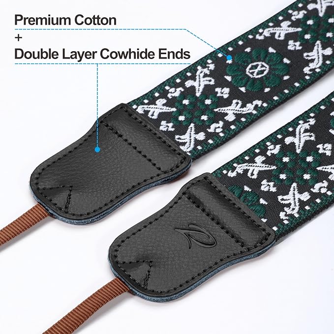 Padwa Lifestyle Camera Strap - 2" Cowhide Leather Head Cotton Camera Straps for Photographers,Vintage Jacquard Embroidery Adjustable Neck & Shoulder Strap for ALL DSLR/SLR Cameras (Green Flower) - Image 2