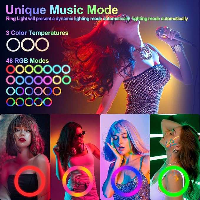 10" Selfie Ring Light with 73" Tripod Stand & 1 Phone Holder, LED Camera Ringlight with 48 RGB Colors Modes & Musical Rhythm Mode and 12 Brightness Dimmable for TikTok/Makeup/Photography/Vlog - Image 3