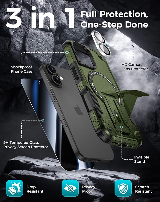 Goton 3 in 1 for iPhone 16 Case with Privacy Screen Protector Green | Glass Camera Lens Protector,Compatible for MagSafe,Invisible Kickstand, Shockproof Phone Cover for iPhone16 - Image 3