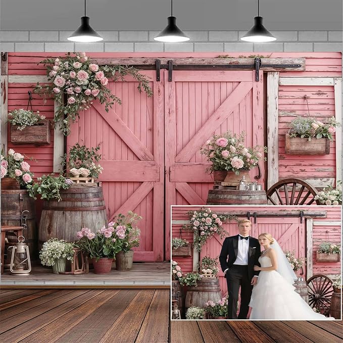 9x6ft Country Wedding Photography Backdrop Rustic Barn Door Photography Backdrop Farmhouse Pink Flower Cabin Wooden Birthday Baby Shower Wedding Bridal Party Banner Photo Booth Props Background by Mtsxfy