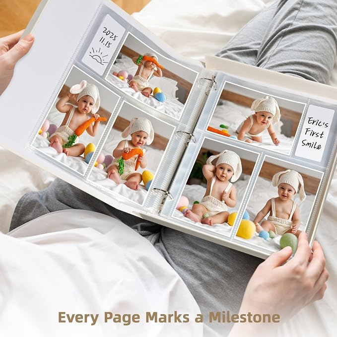 4x6 Photo Storage Box with 3-Ring Slip-In Album, Linen Binder Organizer with Gold Foil Cover, Holds 310 Photos with Blank Memo Cards for Memories & Keepsakes, Light Green - Image 7