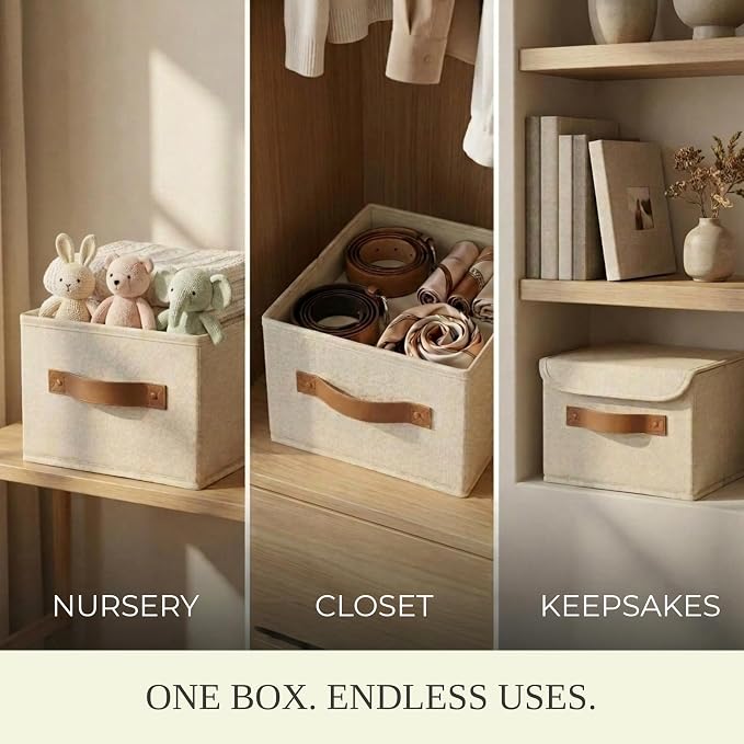 Decorative Linen Storage Boxes with Lids - Spacious Set of 2 Organizer Bins | The Perfect Small Container for Home Decor - Safely Store Photos, Documents and Memory Box Keepsakes in Style - Image 5