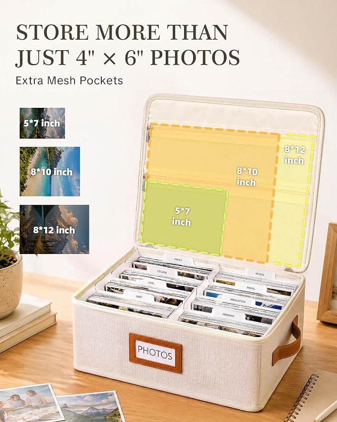 FANGSUN Photo Storage Box, Photo Organizer for 2000 4x6 Pictures, Memory | Linen Fabric, 8 Inner Cases, 23 Labels & 30 Divider Cards, Foldable & Lightweight, with Handle, Wedding & Family Keepsake Box - Image 5