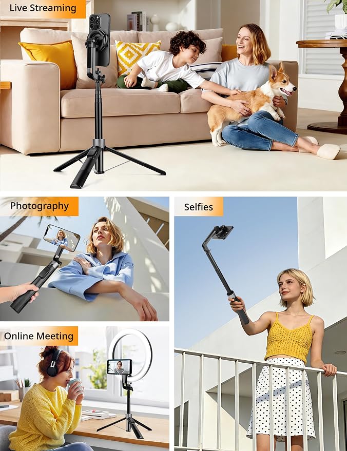 70" Magnetic Phone Tripod, Selfie Stick Tripod for iPhone MagSafe & Camera | Rechargeable Remote & 2 in 1 Magnetic Holder, 360° Rotatable Portable Cell Phone Stand for Travel Vlog Video Recording - Image 7