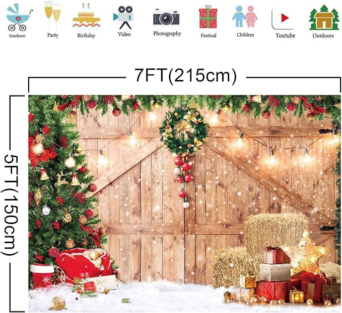 Christmas Backdrop Soft Fabric Rustic Barn Wood Door Backdrop for Photography Xmas Tree Snow Wall Floor Party Photo Background Family Banner Decorations Studio Prop Pictures(7x5ft) - Image 5