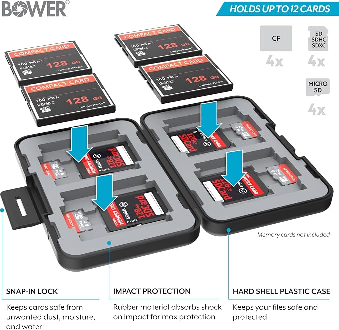 Bower Sky Capture Series Memory Card Case | Rugged Hard Plastic Exterior with Shock Absorbing Liner, Secures up to 12 Memory Cards with Snap-in Locking System for SSD/SD/Mini SDHC Flash Drive | Black - Image 5