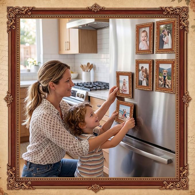 Capoda 12 Pcs 4x6 Magnetic Picture Frames Gold Vintage Picture Frames for Refrigerator Vintage Gallery Tabletop Display Gold Photo Decor for Home Wedding Living Room Decor Supplies - Image 6