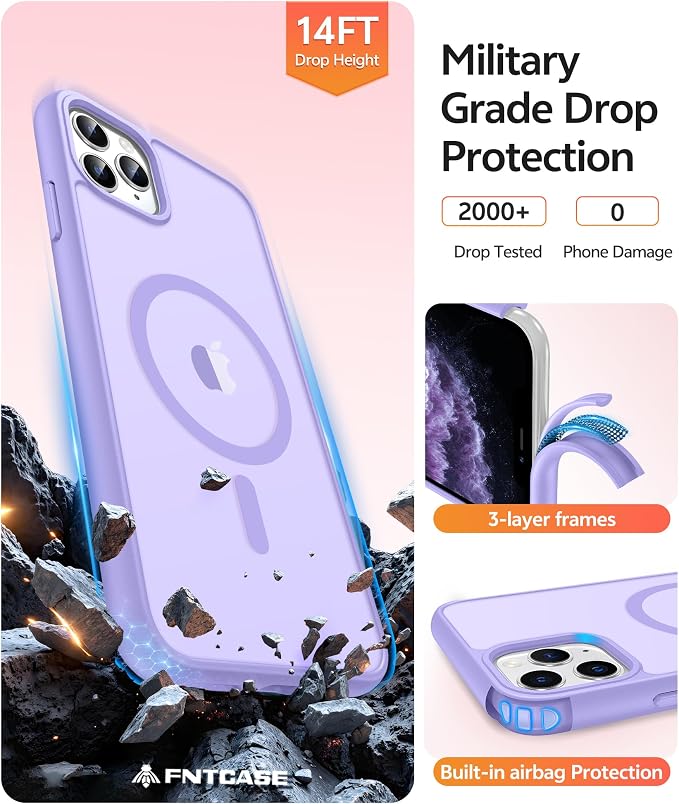 FNTCASE for iPhone 11 Pro Case, Fit for Magsafe, Translucent Matte Back | Magnetic Phone Cases, 14FT Military Grade Drop Protection, Shockproof Bumper, Slim Protective Cover, Light Purple - Image 5