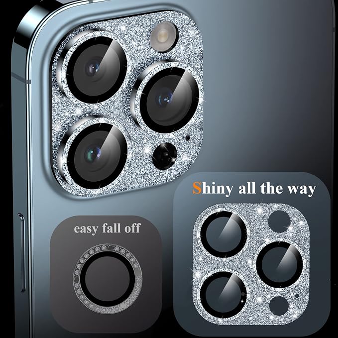YWXTW for iPhone 13 Pro/iPhone 13 Pro Max Camera Lens Protector, [4TH Gen New Bling Design] Glitter Shiny Diamond Metal Ring Tempered Glass Back Camera Screen Protector Lens Cover - Image 4