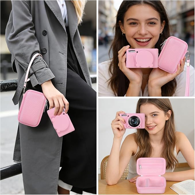 BOVKE Hard Case + Silicone Cover for Canon PowerShot SX740 HS Camera, Pink | SX740 SX730 Digital Camera Shockproof EVA Storage Bag & Soft Silicone Protective Case with Removable Lens Cover, Wrist Strap - Image 7